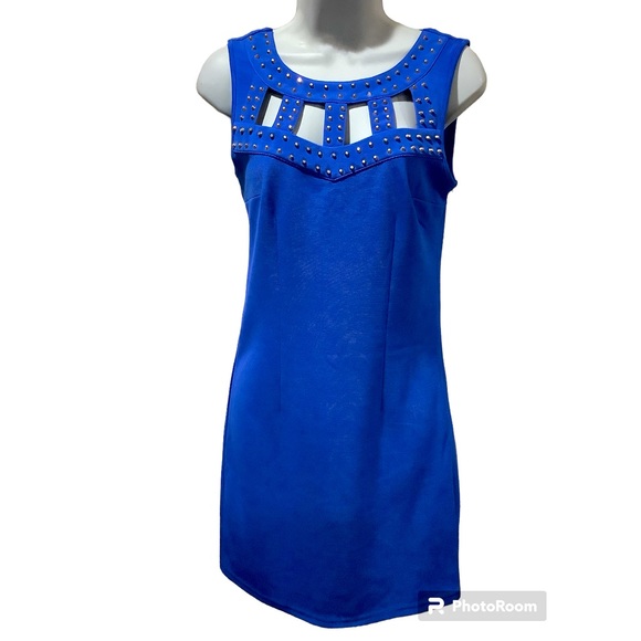 🎉HP Sleeveless Royal blue dress with gold nailhead trim and cut outs. Sz. M. NWT - Picture 2 of 4